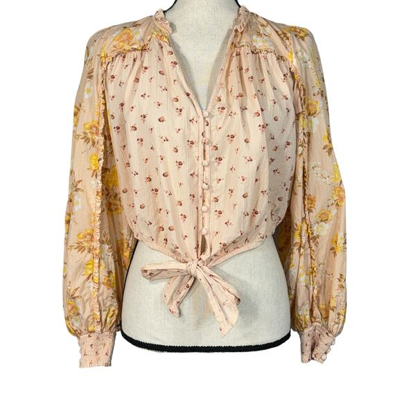 American Eagle Medium Crop Top Floral Button-Up Balloon Sleeves V-Neck Ruffle - Picture 1 of 11